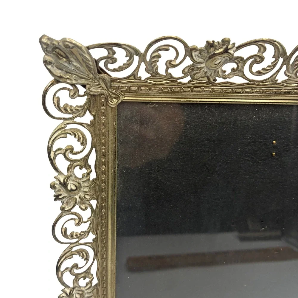 Vintage Gold Filigree Picture Frame Ornate Floral Scrollwork Metal Easel Back